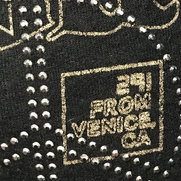 291 Venice black cashmere henley sweater graphics PEACE sign crystal sweater S - Picture 9 of 10
